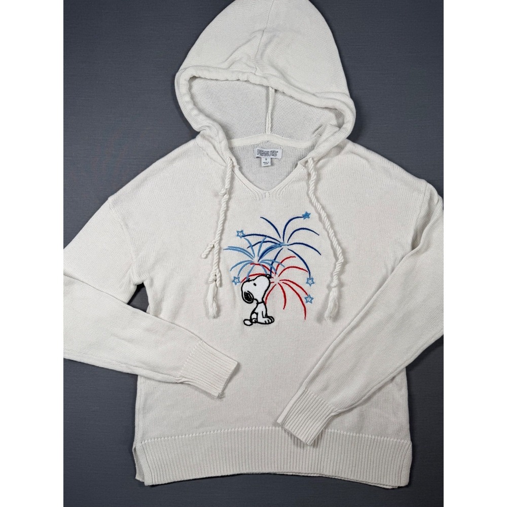 Peanuts Snoopy Fireworks Knit Hoodie Sweater White Patriotic 4th of July SMALL